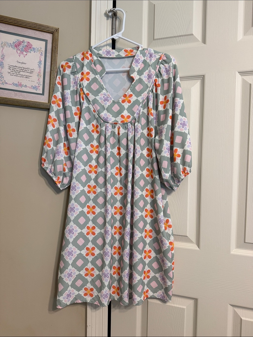 Floral Geometric Puff Sleeve Tunic Dress - Pastel Green, Pink & Orange